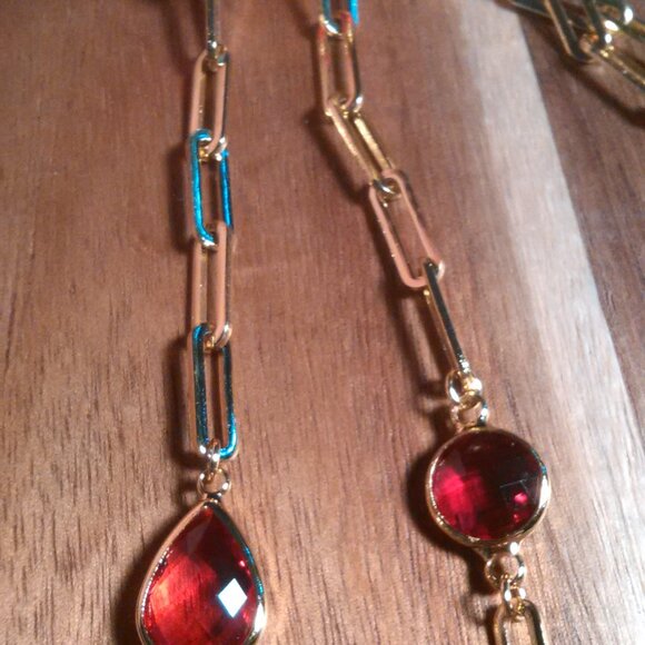 Simulated Ruby Ion Plate Yellow Gold Stainless Steel Paperclip Necklace - Picture 12 of 13